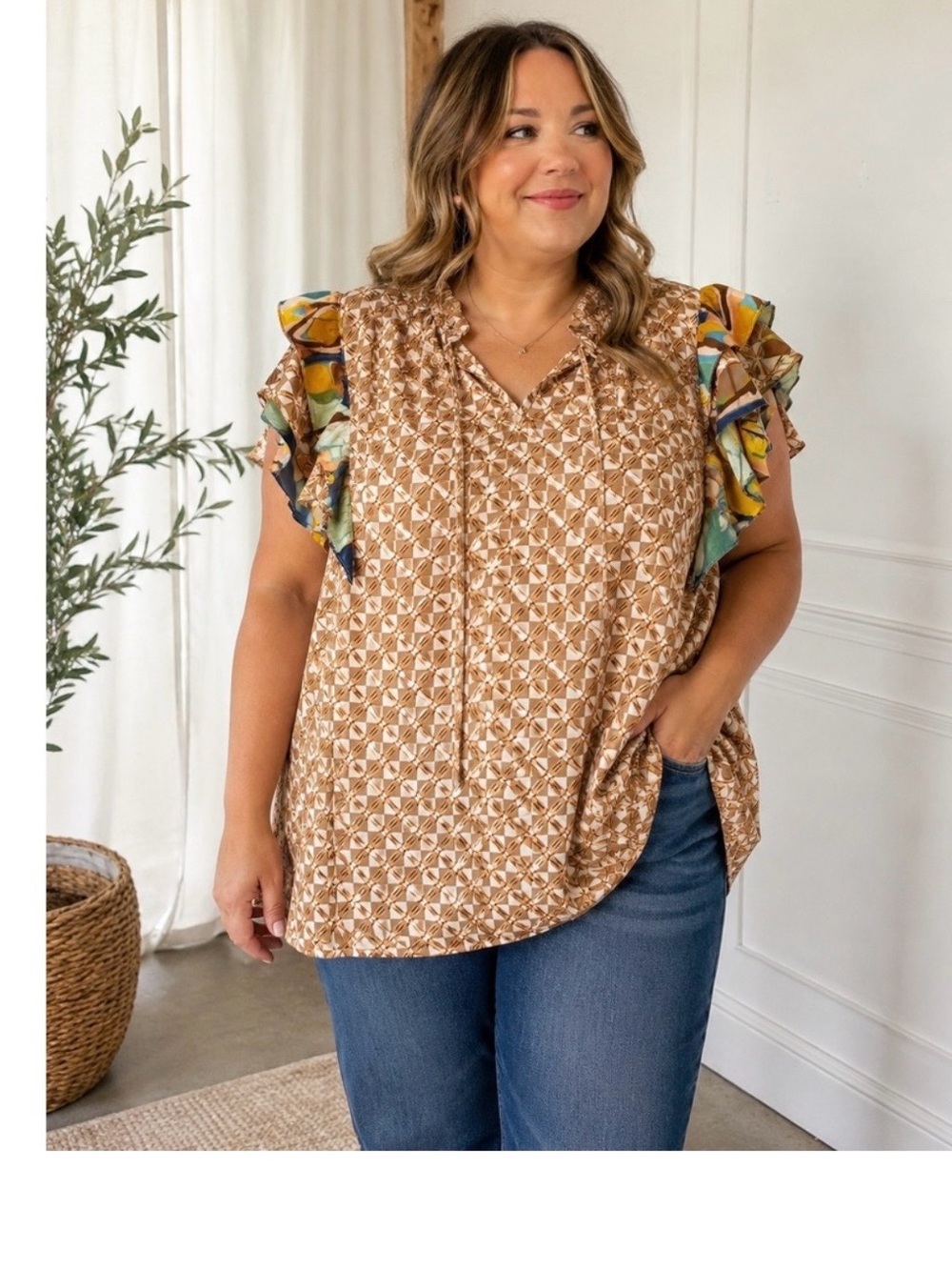 entro Tan Printed V-Neck Blouse with Multicolor Ruffle Sleeves